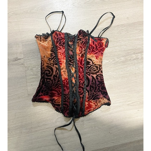 Jennyfer Tops - Y2K Red Velvet Burnout Lace-Up Corset Top Goth Fairy Grunge Bustier Cami M RARE